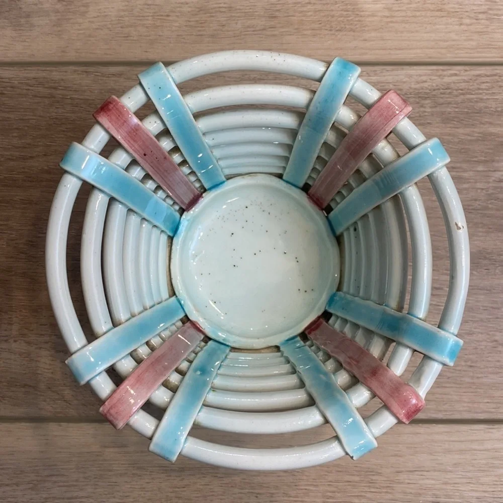 Vintage Italian Ceramic Basket Coil Pot‎ Luminary Cache Pot Boho French Country